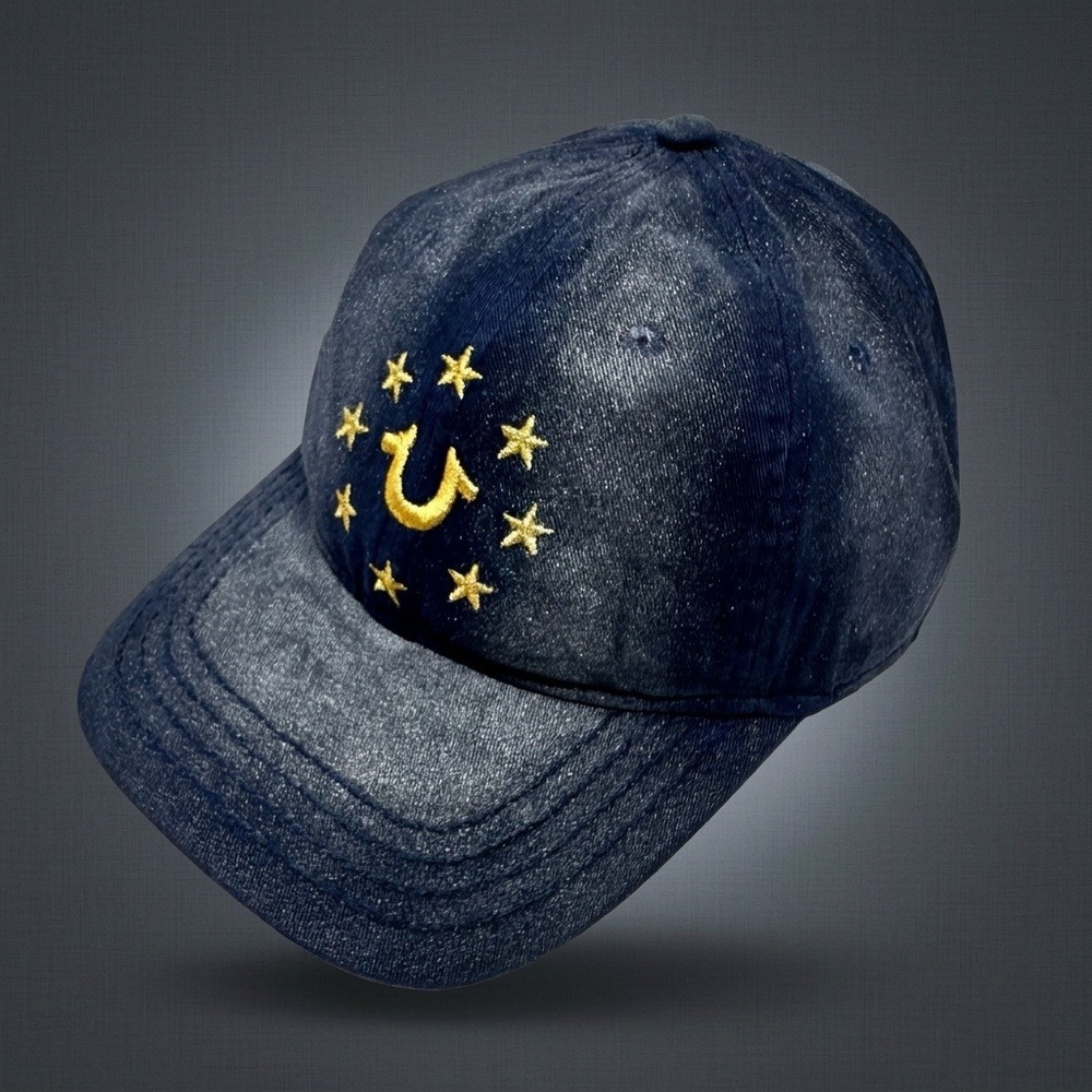 True Religion TR2636 Ace Blue Denim Baseball Cap Gold Horseshoe Stars NWT